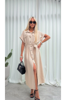 Sukienka Koszulowa Maxi Premium Wiązana w Pasie Elegancka Oversize Guziki Kieszenie - szampański